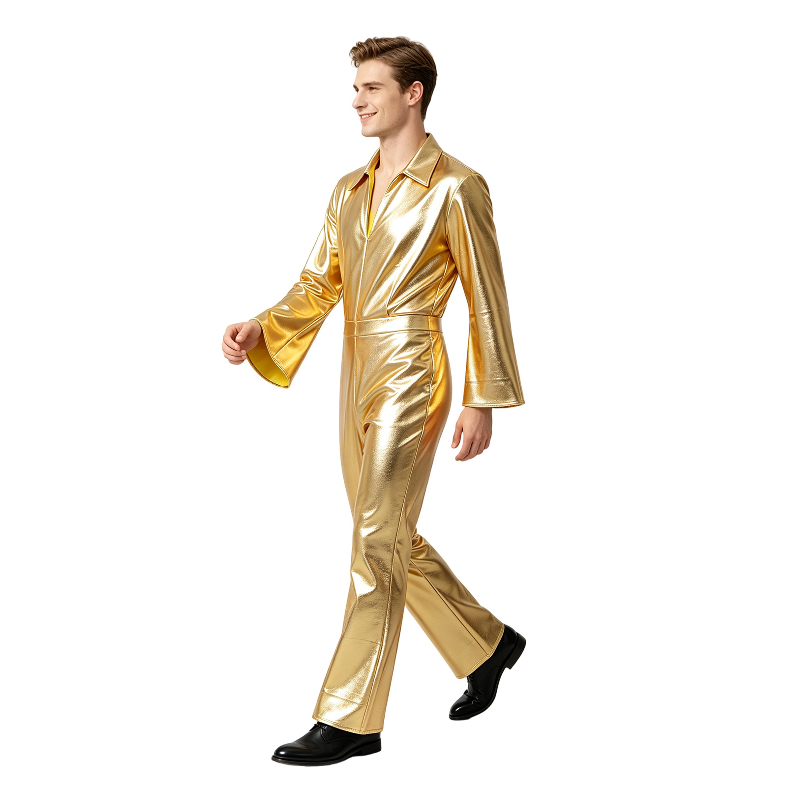 Anime Cosplay Jumpsuit - بدلة قفز لامعة ذهبية معدنية للهالوين،